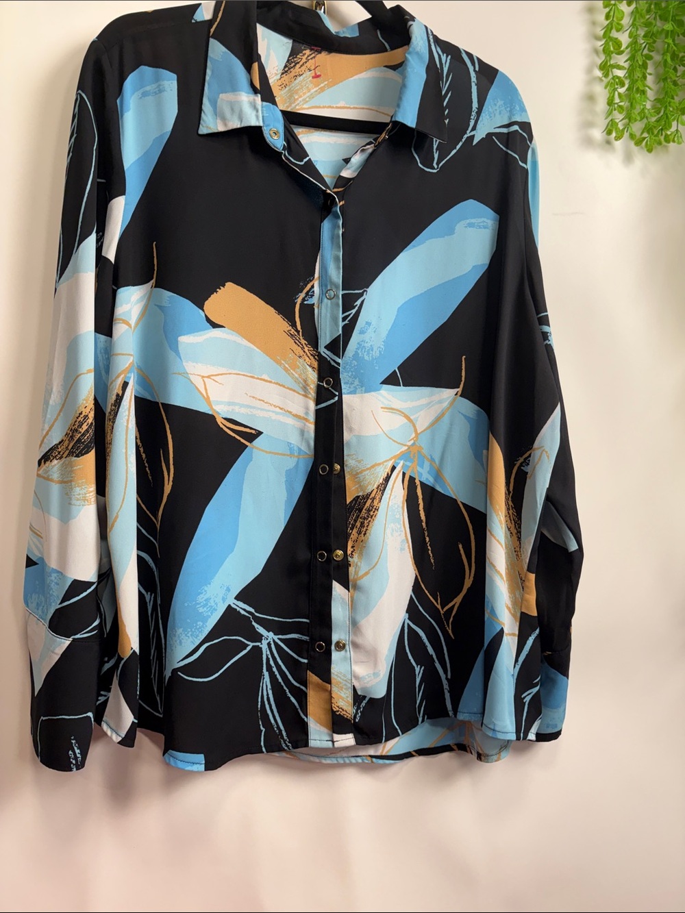 Source Unknown Black Blouse with Blue and Tan Floral Print